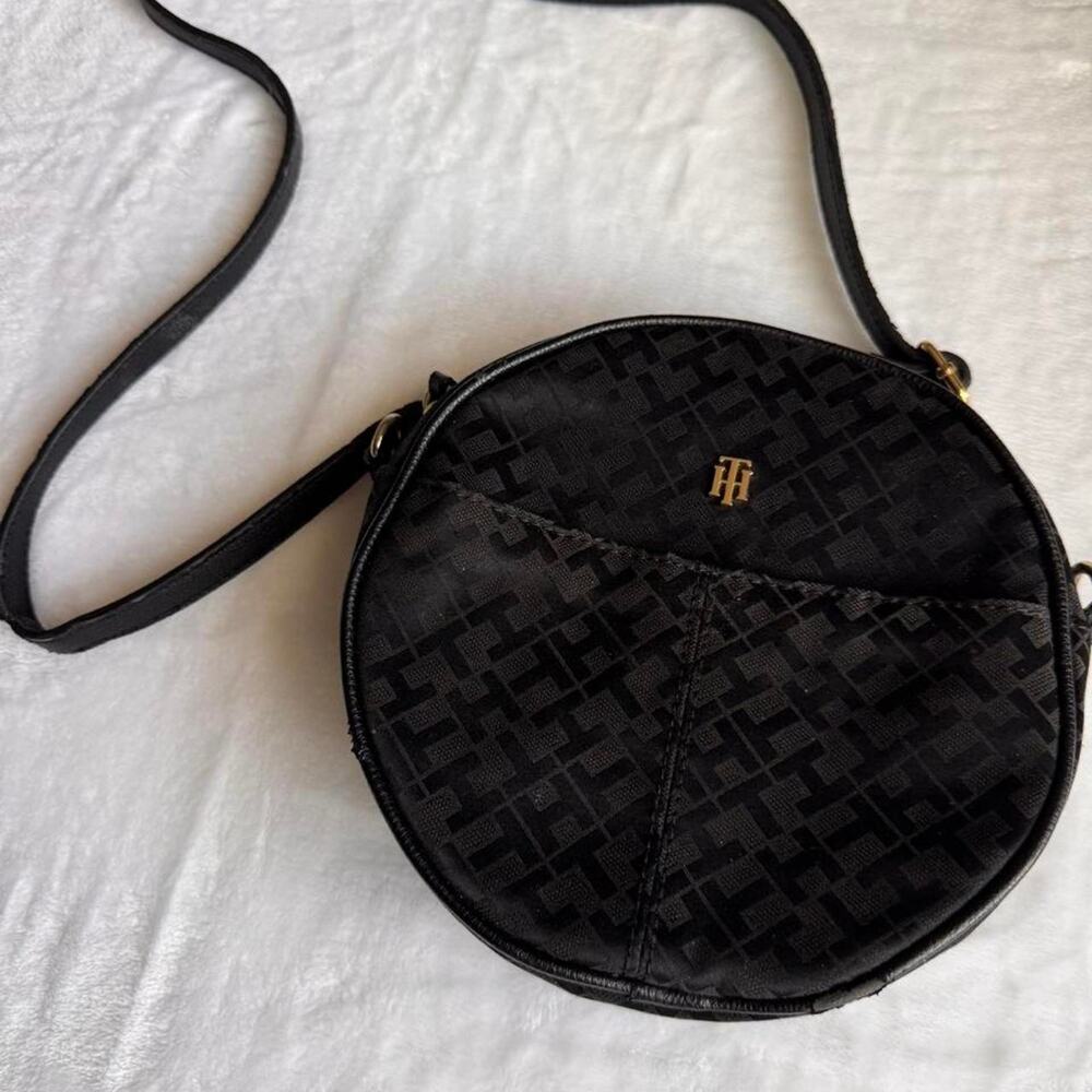 Tommy Hilfiger Black Monogram Jacquard Round Crossbody Bag Purse